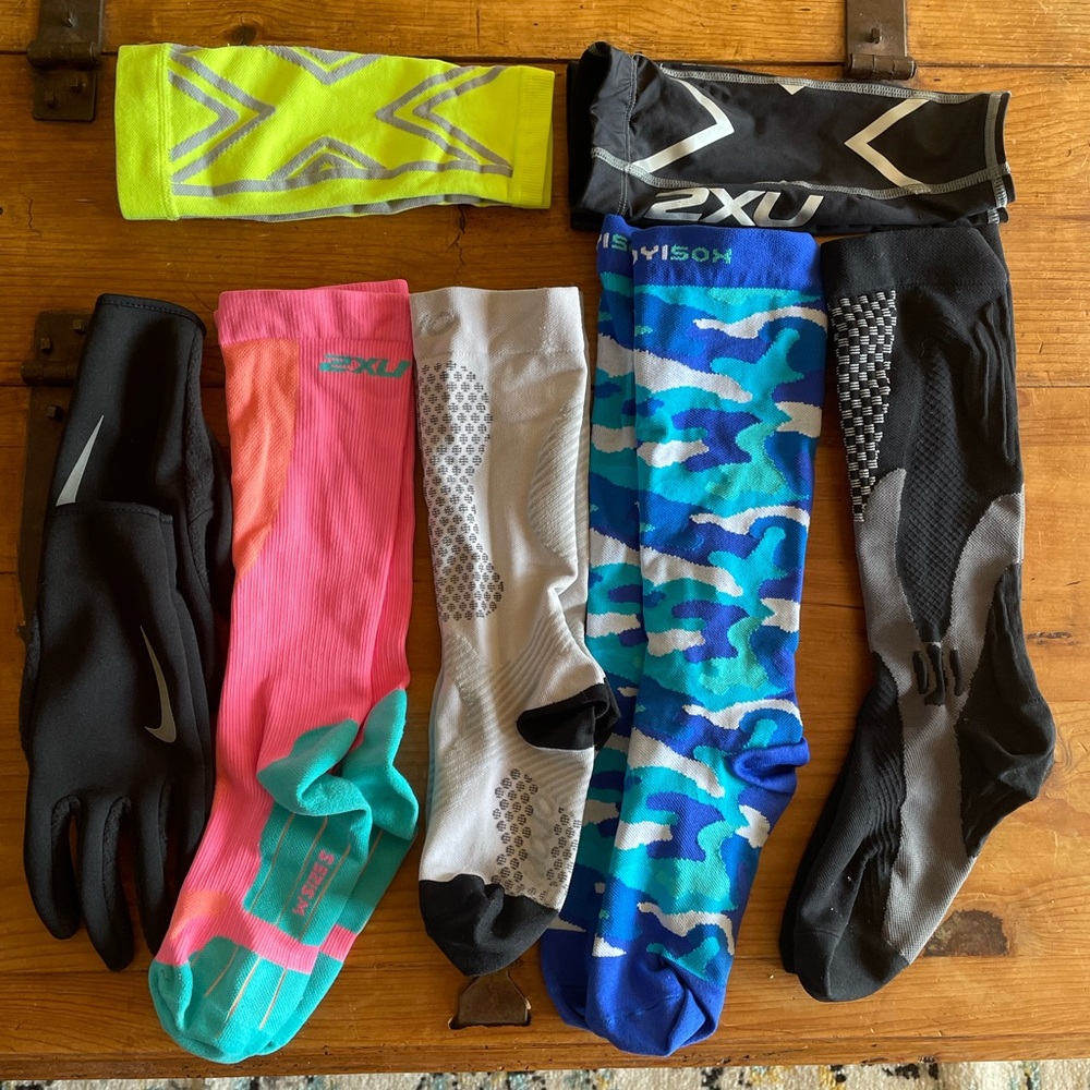 Ladies Running Colorful Compression Socks, Nike gloves, and Arm Sleeves